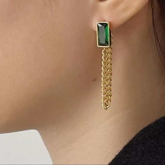 #41 NEW Emerald Green Gemstone 18K Gold Plated Chain Dangle Drop Earrings - Picture 1 of 8
